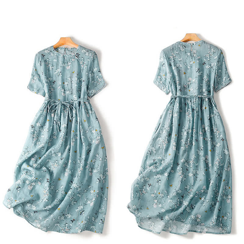 Nimara Ritual Summer Casual Vintage Drawstring Blue Floral Women's Short Sleeve Dress