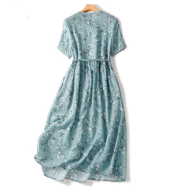 Nimara Ritual Summer Casual Vintage Drawstring Blue Floral Women's Short Sleeve Dress
