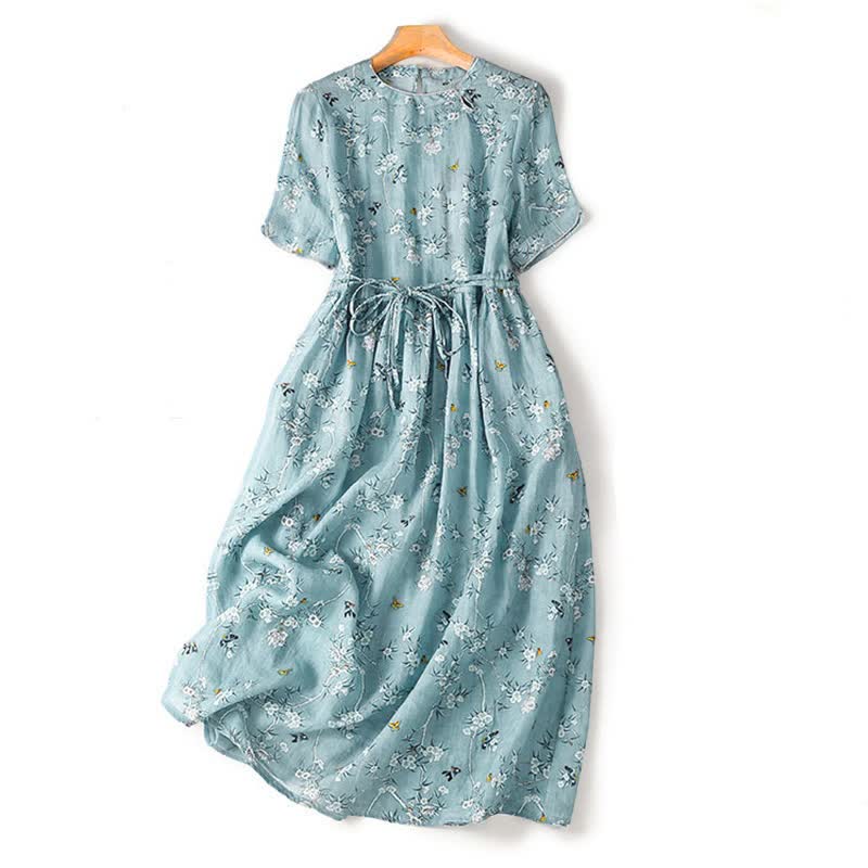 Nimara Ritual Summer Casual Vintage Drawstring Blue Floral Women's Short Sleeve Dress