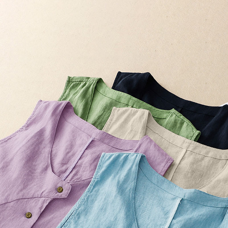 Nimara Ritual Summer Casual Minimalist Lines Button-Up Solid Women's Sleeveless Shirts Tank Top With Pocket