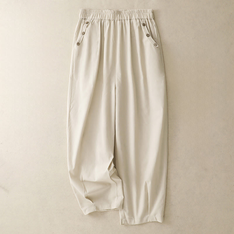 Nimara Ritual Spring Summer Casual Decorative Buttons Solid Cropped Pants Women's Harem Pants With Pocket