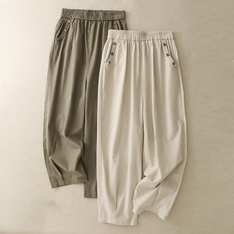 Nimara Ritual Spring Summer Casual Decorative Buttons Solid Cropped Pants Women's Harem Pants With Pocket