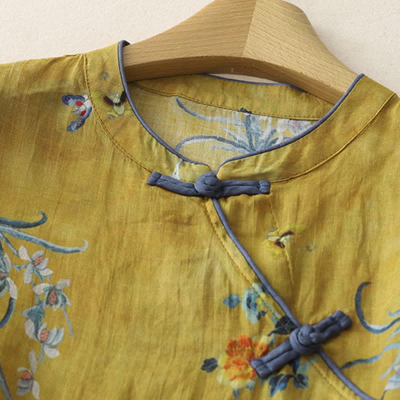 Nimara Ritual Summer Tang Style Vintage Frog Button Orchid Floral Women's Sleeveless Shirts Tank Top