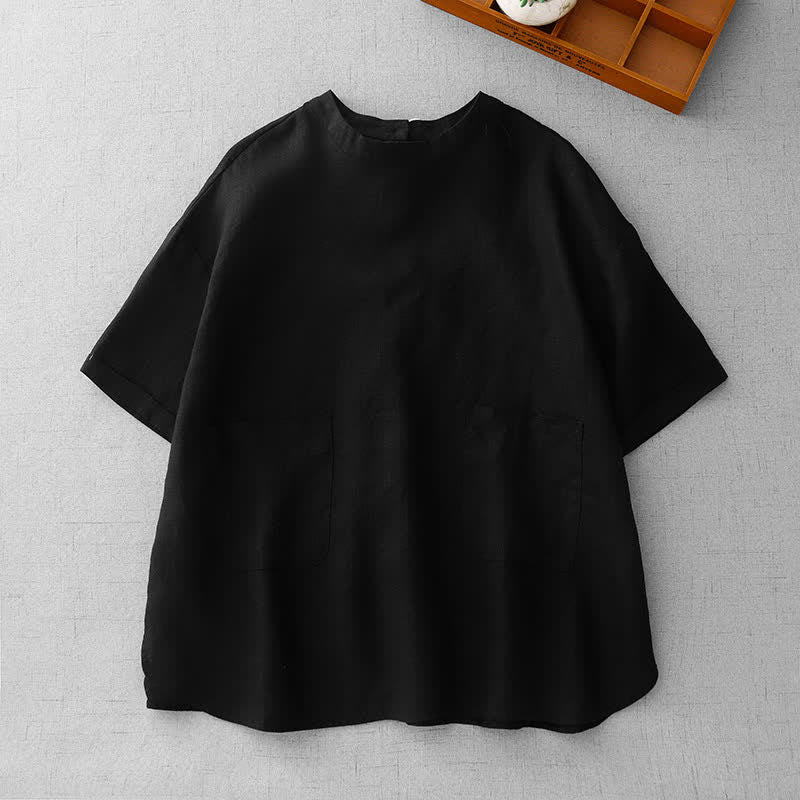 Nimara Ritual Summer Casual Minimalist Back Buttons Solid Women's Short Sleeve T-Shirts With Front Pockets