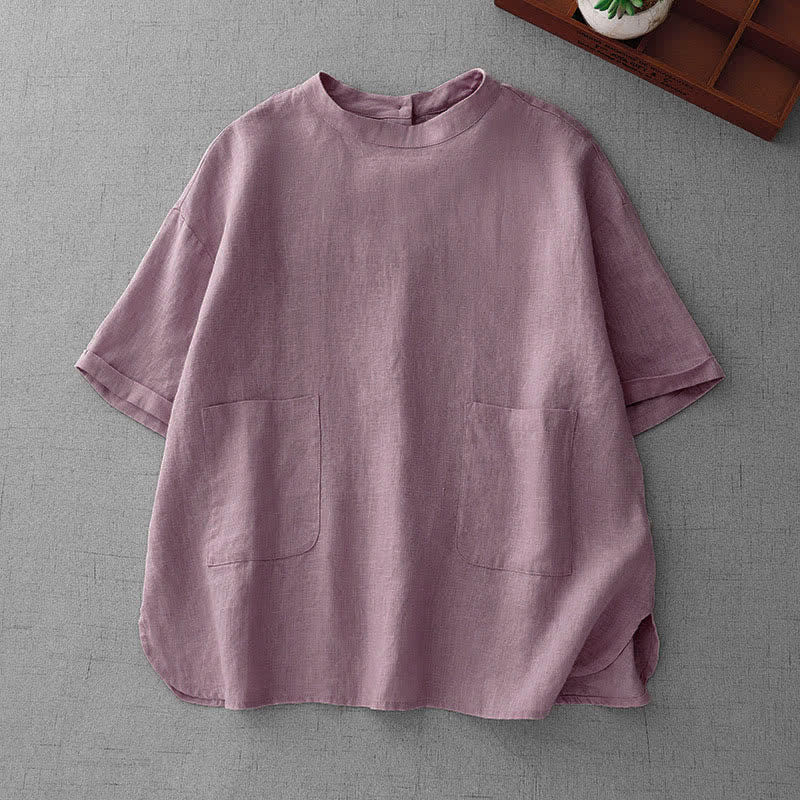 Nimara Ritual Summer Casual Minimalist Back Buttons Solid Women's Short Sleeve T-Shirts With Front Pockets