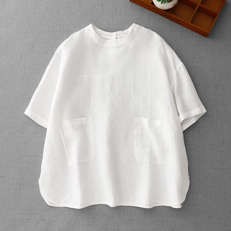 Nimara Ritual Summer Casual Minimalist Back Buttons Solid Women's Short Sleeve T-Shirts With Front Pockets
