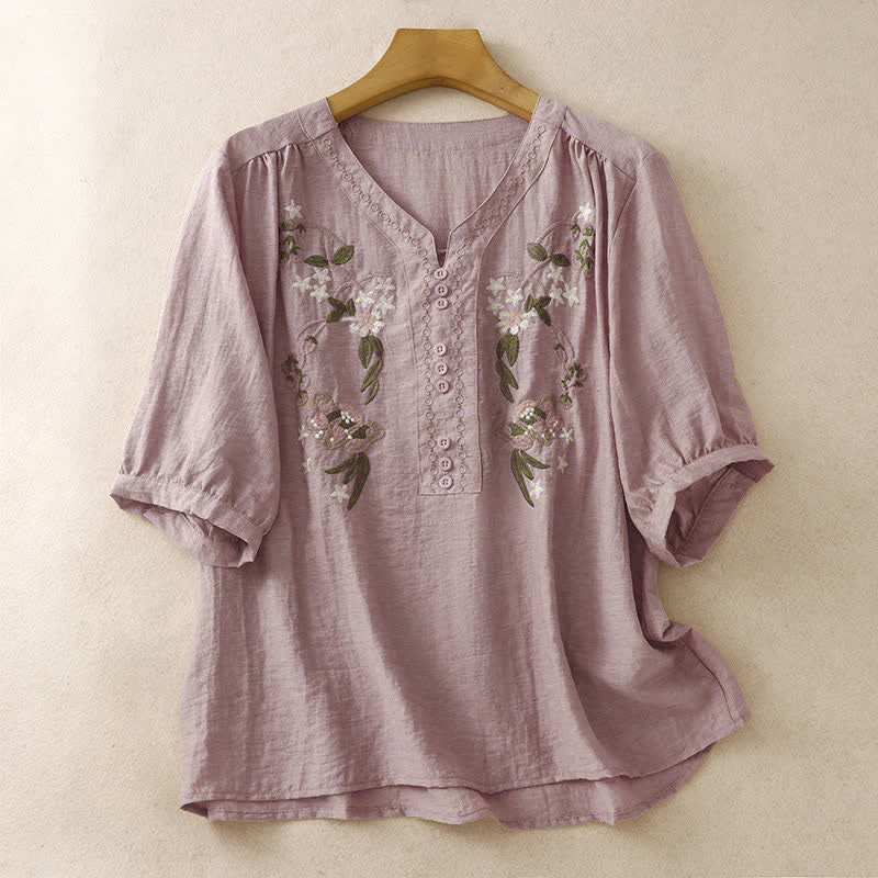 Nimara Ritual Summer Boho Embroidery Floral Women's Short Sleeve Shirt