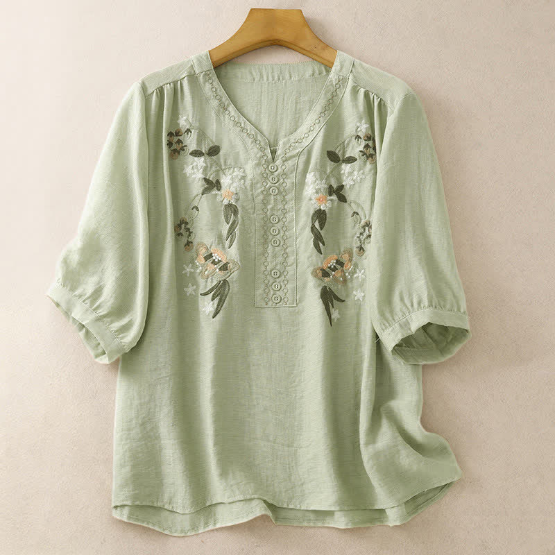 Nimara Ritual Summer Boho Embroidery Floral Women's Short Sleeve Shirt