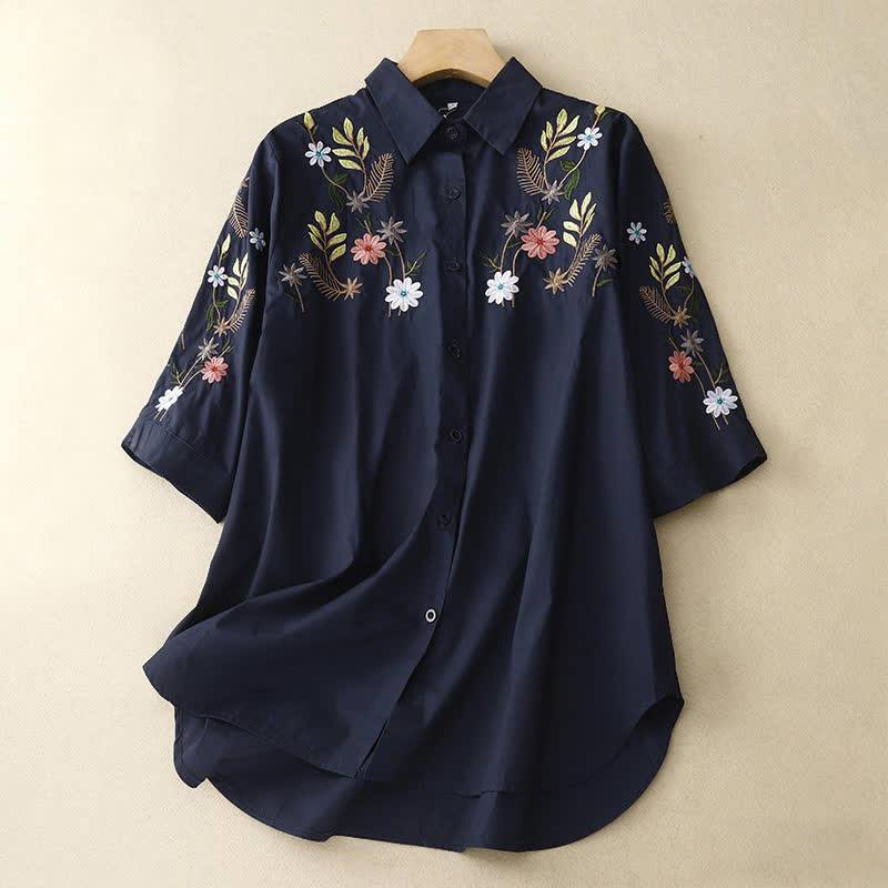 Nimara Ritual Spring Summer Boho Embroidery Floral Women's Short Sleeve Shirt
