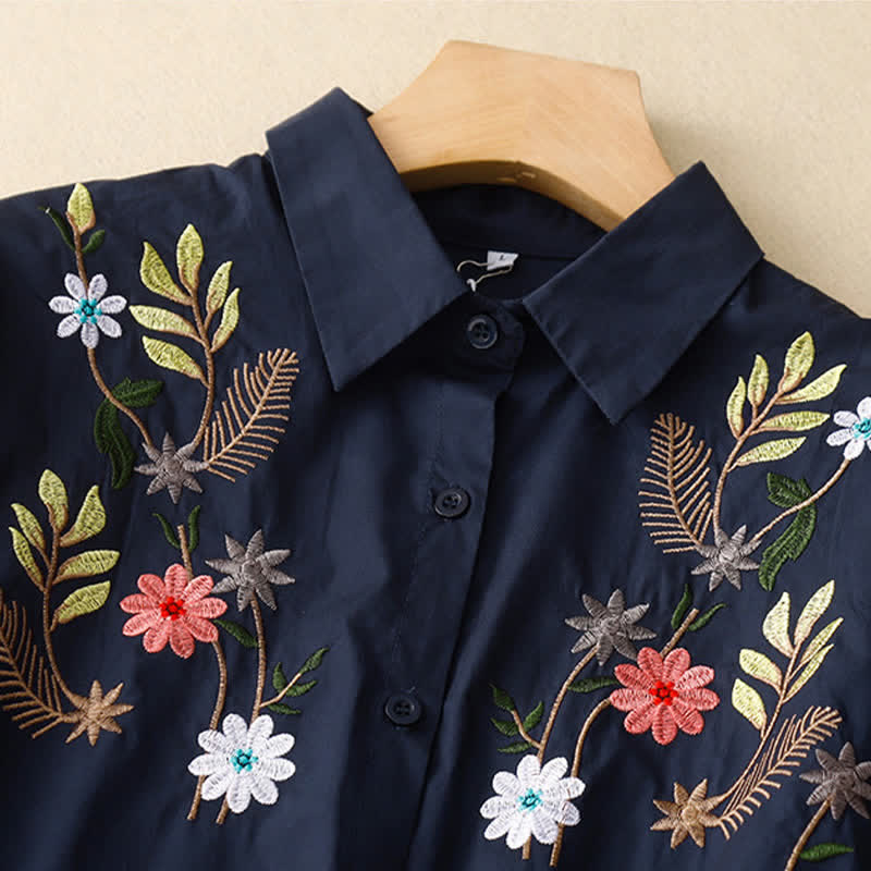 Nimara Ritual Spring Summer Boho Embroidery Floral Women's Short Sleeve Shirt