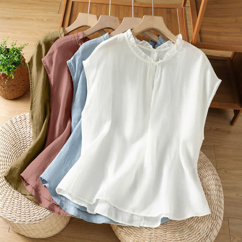 Nimara Ritual Summer Casual Ruffled Collar Back Button-up Solid Women's Sleeveless Shirts