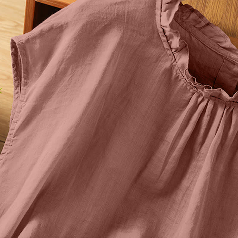 Nimara Ritual Summer Casual Ruffled Collar Back Button-up Solid Women's Sleeveless Shirts