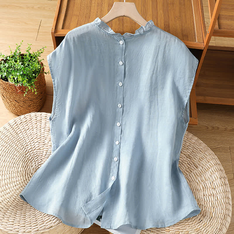 Nimara Ritual Summer Casual Ruffled Collar Back Button-up Solid Women's Sleeveless Shirts