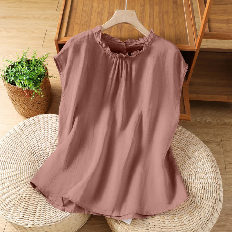 Nimara Ritual Summer Casual Ruffled Collar Back Button-up Solid Women's Sleeveless Shirts