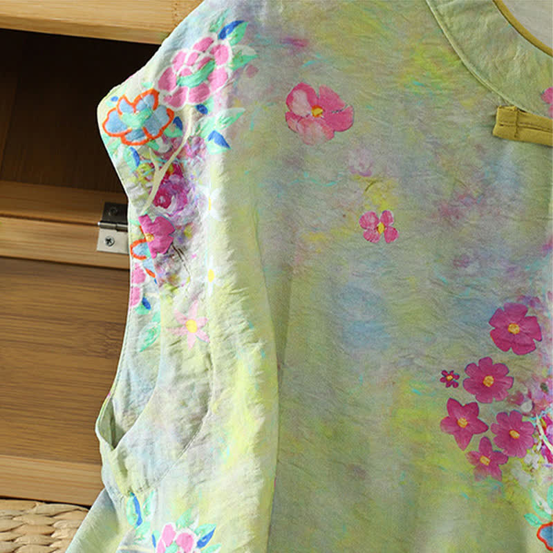 Nimara Ritual Summer Elegant Mandarin Collar Side Slit Floral Print Women's Sleeveless Shirts