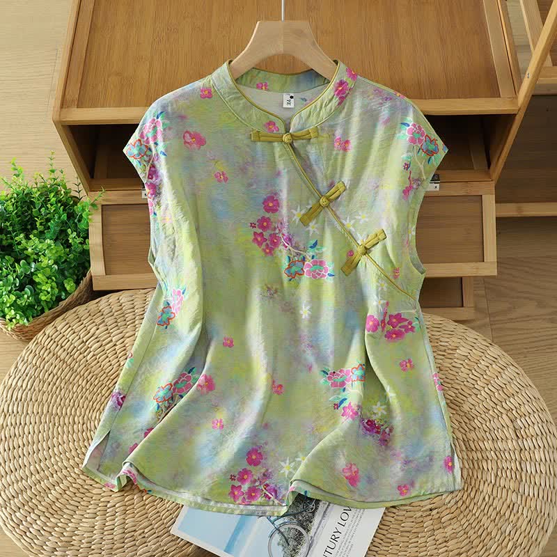 Nimara Ritual Summer Elegant Mandarin Collar Side Slit Floral Print Women's Sleeveless Shirts