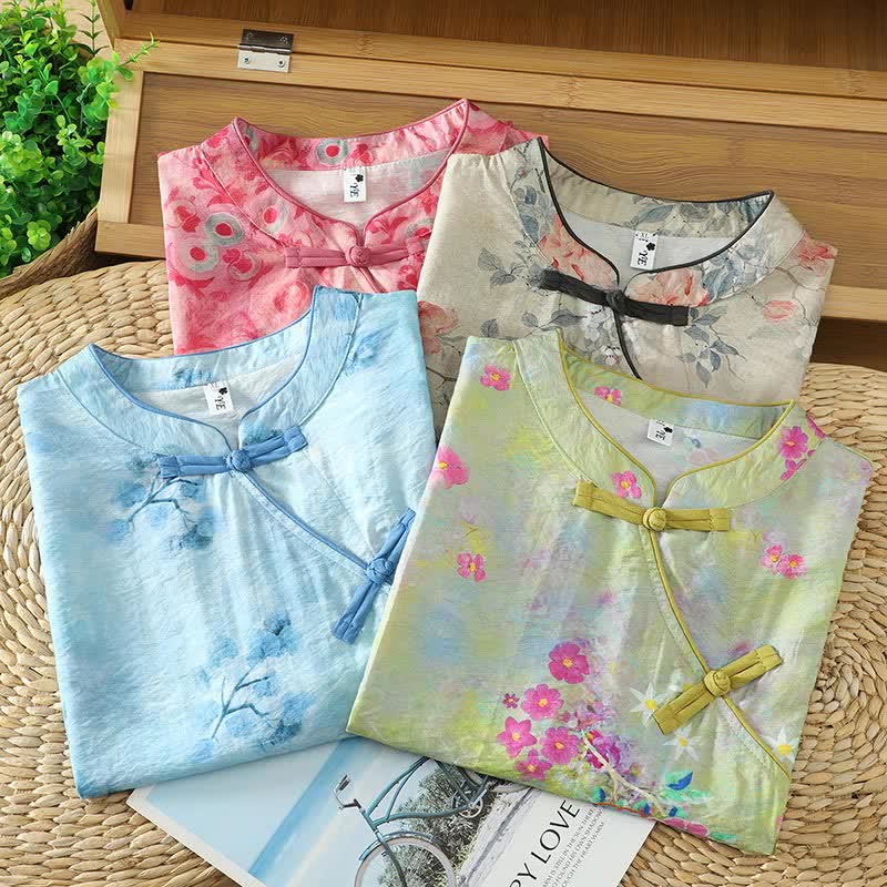 Nimara Ritual Summer Elegant Mandarin Collar Side Slit Floral Print Women's Sleeveless Shirts