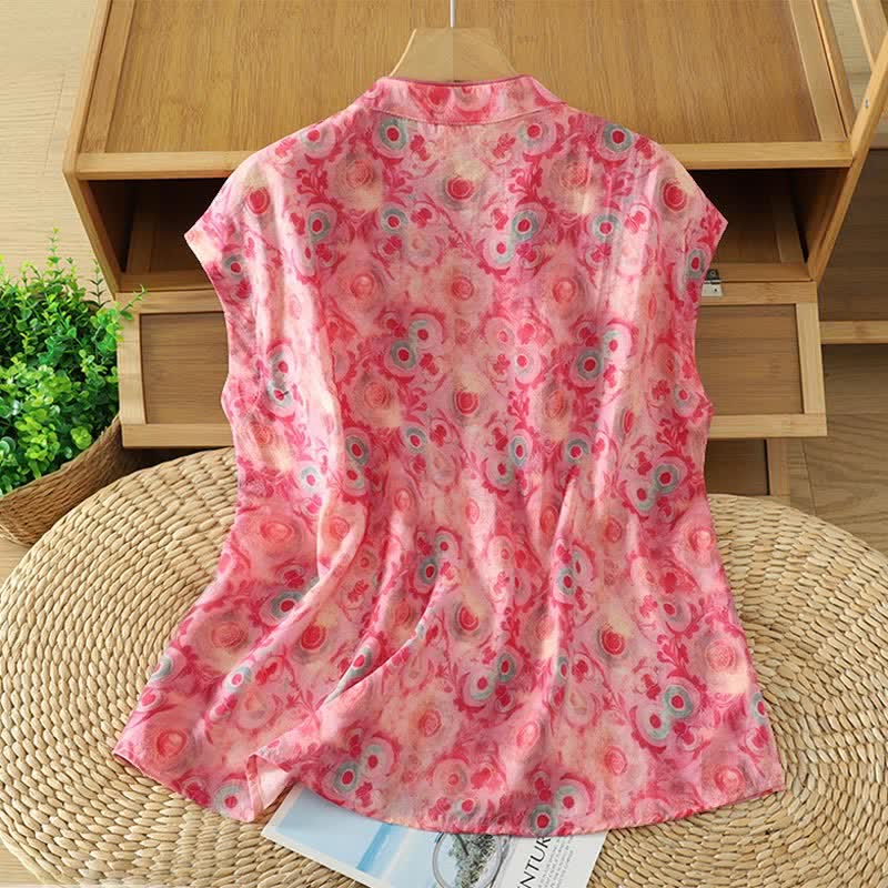 Nimara Ritual Summer Elegant Mandarin Collar Side Slit Floral Print Women's Sleeveless Shirts