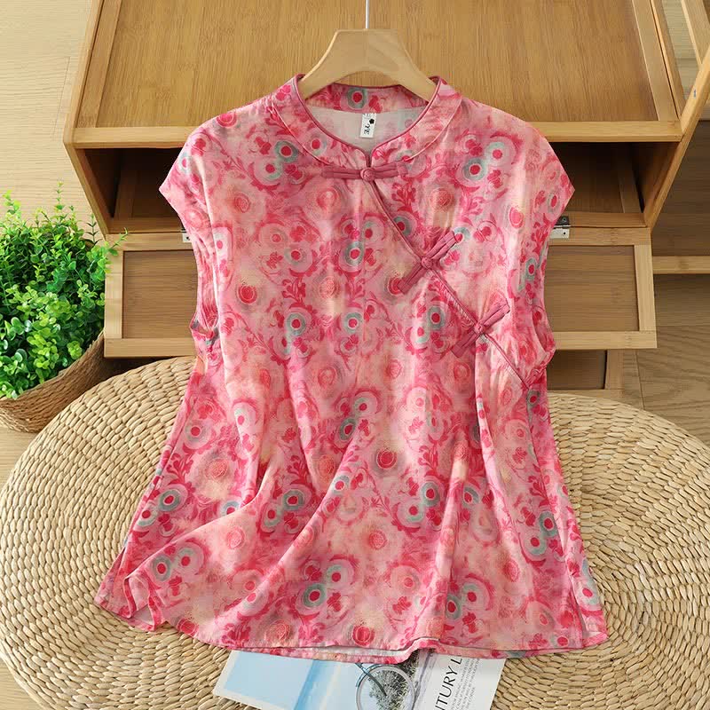 Nimara Ritual Summer Elegant Mandarin Collar Side Slit Floral Print Women's Sleeveless Shirts