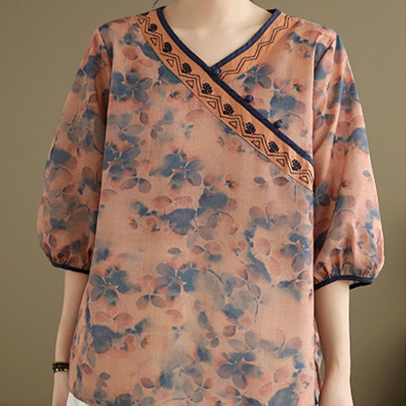 Nimara Ritual Summer Vintage Floral V-Neck Women's Elbow-Length Sleeve Shirts