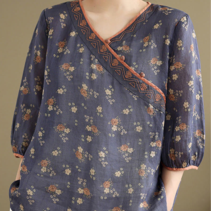 Nimara Ritual Summer Vintage Floral V-Neck Women's Elbow-Length Sleeve Shirts