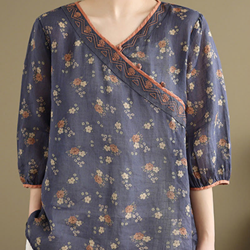 Nimara Ritual Summer Vintage Floral V-Neck Women's Elbow-Length Sleeve Shirts