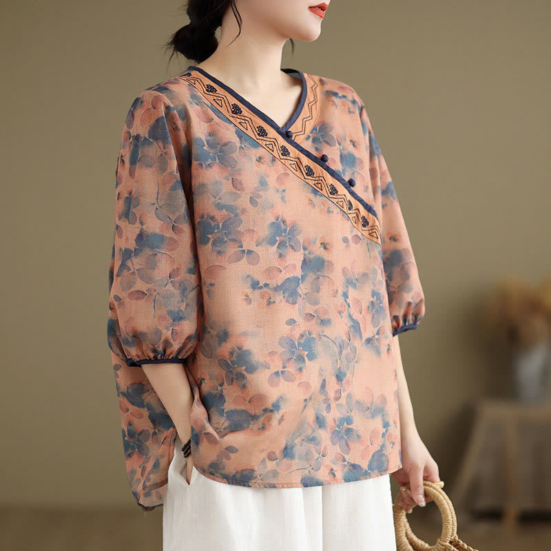Nimara Ritual Summer Vintage Floral V-Neck Women's Elbow-Length Sleeve Shirts