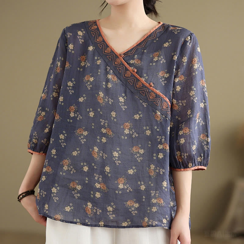 Nimara Ritual Summer Vintage Floral V-Neck Women's Elbow-Length Sleeve Shirts