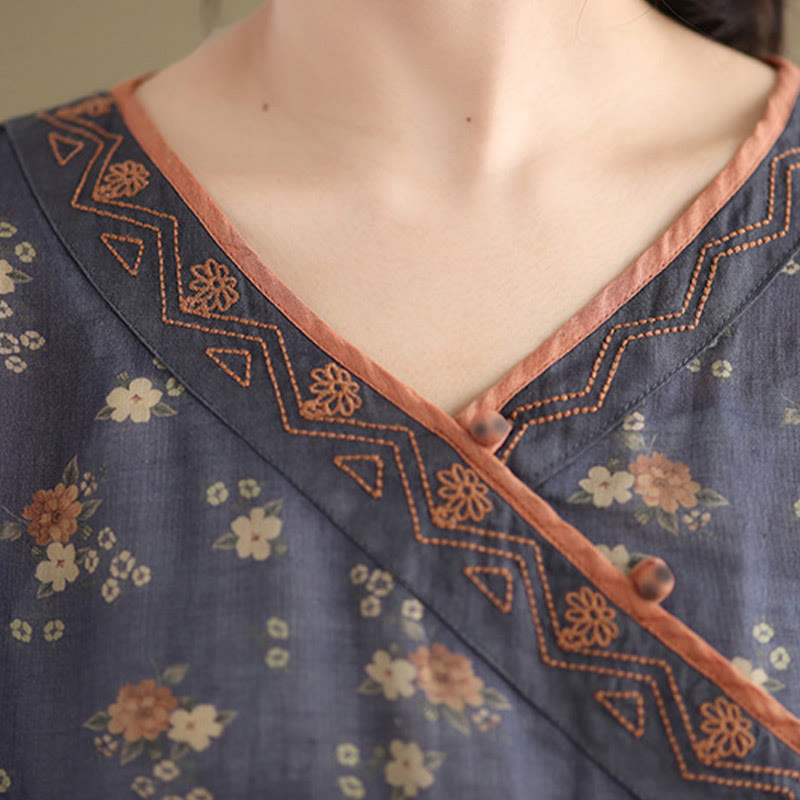 Nimara Ritual Summer Vintage Floral V-Neck Women's Elbow-Length Sleeve Shirts