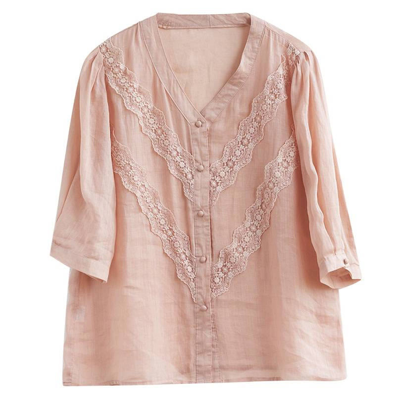 Nimara Ritual Summer Solid V-Neck Lace-trimmed Women's Elbow-Length Sleeve Shirts