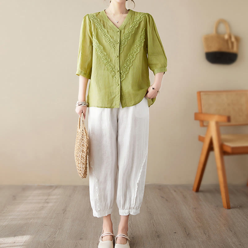 Nimara Ritual Summer Solid V-Neck Lace-trimmed Women's Elbow-Length Sleeve Shirts