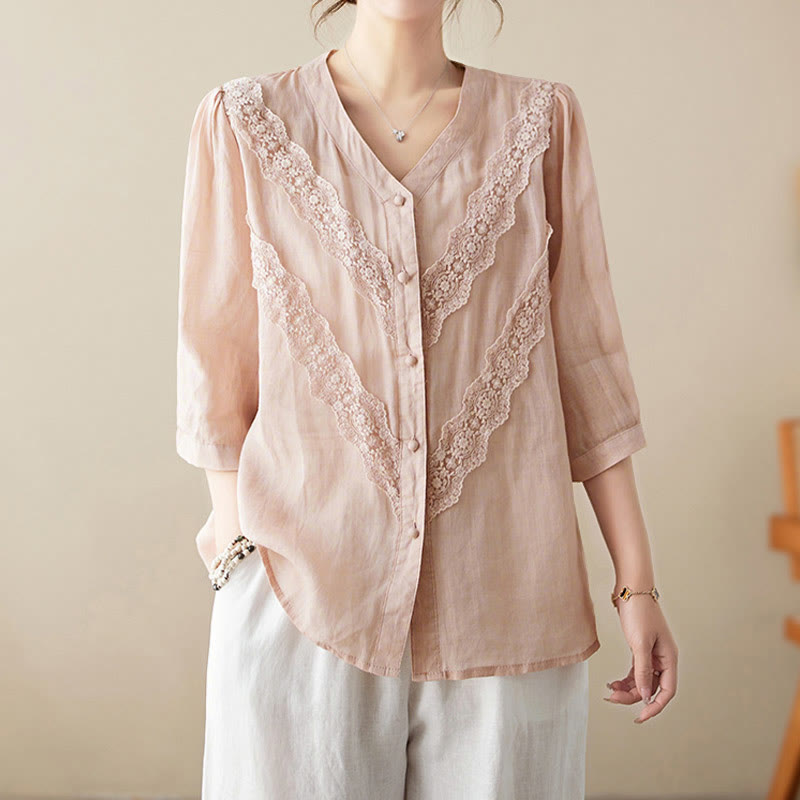 Nimara Ritual Summer Solid V-Neck Lace-trimmed Women's Elbow-Length Sleeve Shirts