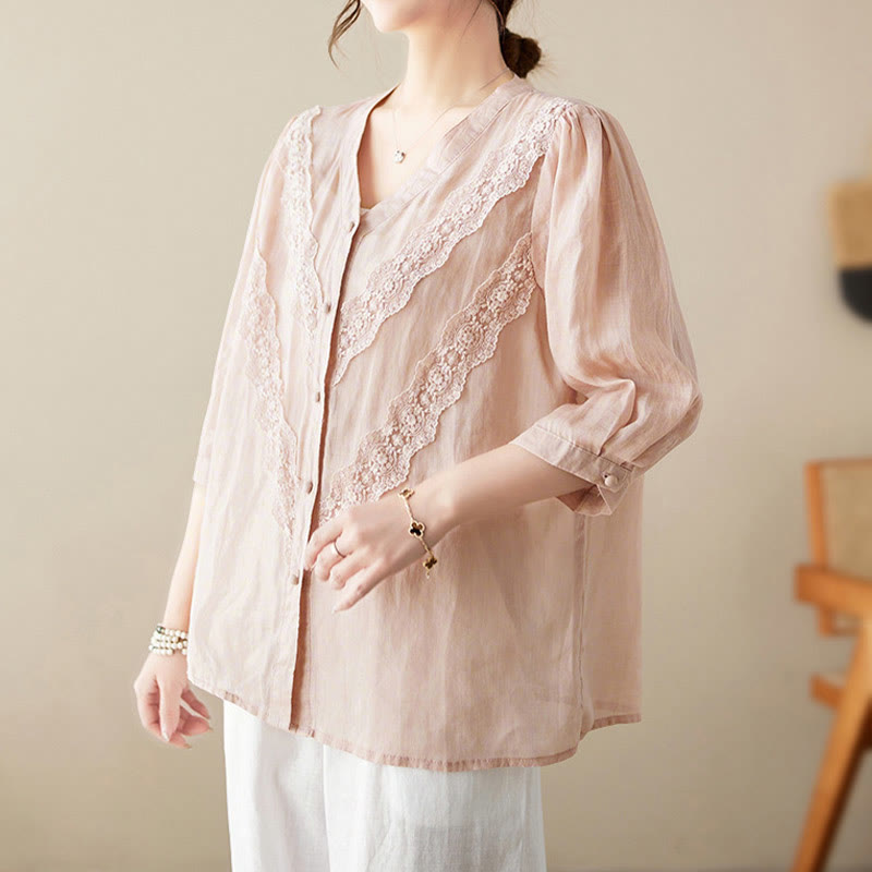 Nimara Ritual Summer Solid V-Neck Lace-trimmed Women's Elbow-Length Sleeve Shirts