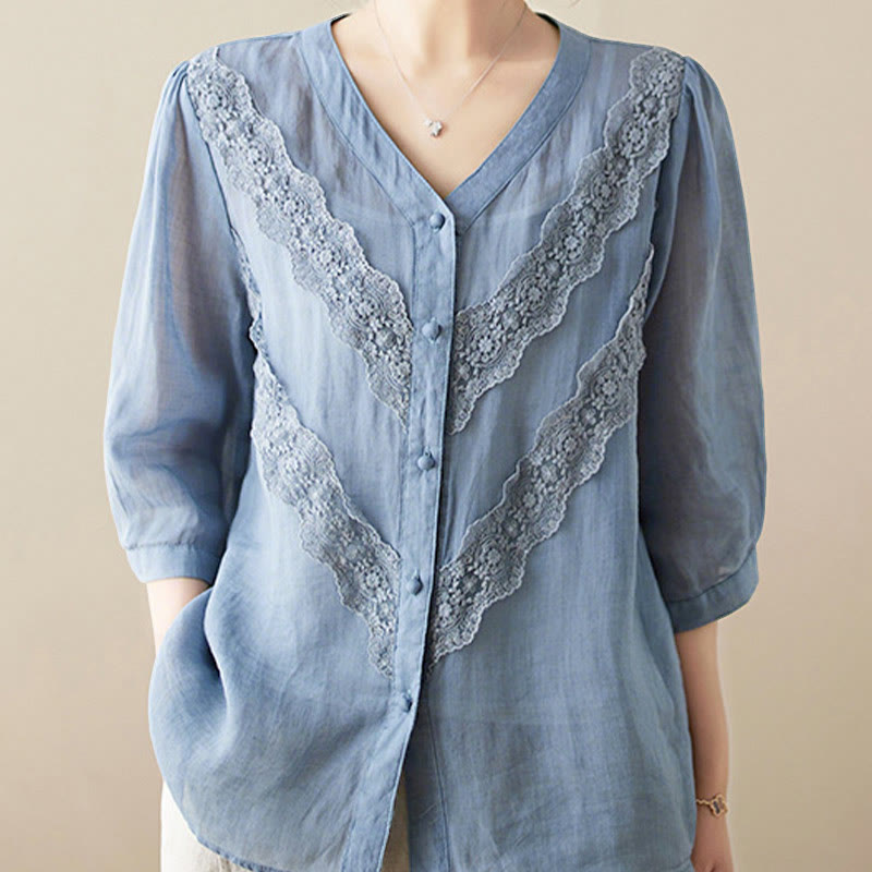 Nimara Ritual Summer Solid V-Neck Lace-trimmed Women's Elbow-Length Sleeve Shirts