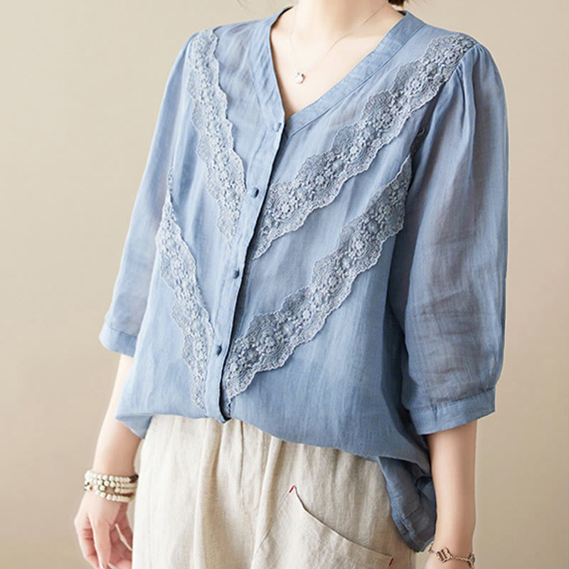 Nimara Ritual Summer Solid V-Neck Lace-trimmed Women's Elbow-Length Sleeve Shirts