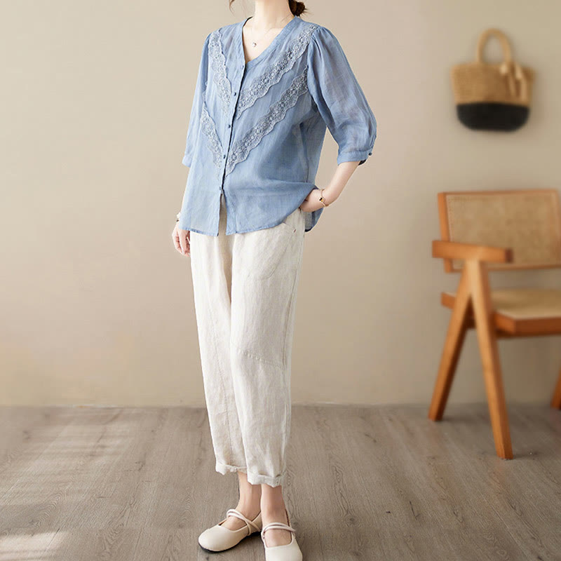 Nimara Ritual Summer Solid V-Neck Lace-trimmed Women's Elbow-Length Sleeve Shirts