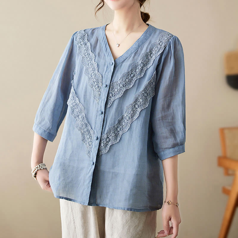 Nimara Ritual Summer Solid V-Neck Lace-trimmed Women's Elbow-Length Sleeve Shirts
