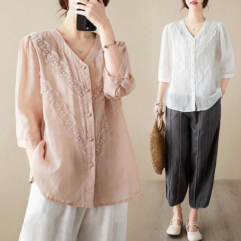 Nimara Ritual Summer Solid V-Neck Lace-trimmed Women's Elbow-Length Sleeve Shirts
