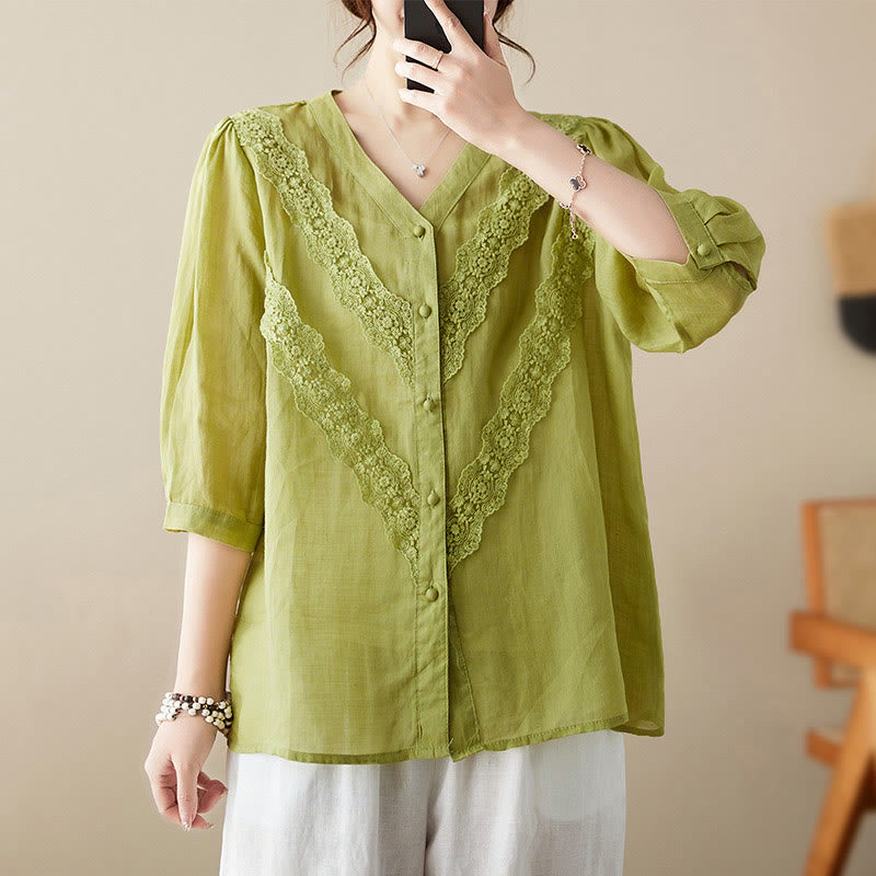 Nimara Ritual Summer Solid V-Neck Lace-trimmed Women's Elbow-Length Sleeve Shirts