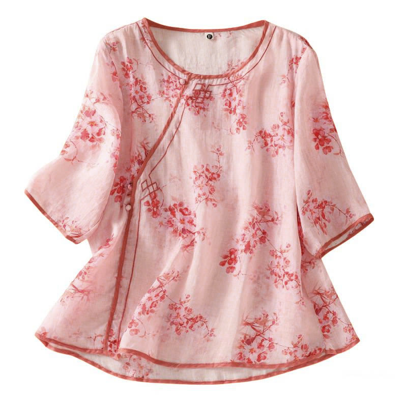 Nimara Ritual Summer Frog Button Floral Crew Neck Women's Elbow-Length Sleeve Shirts