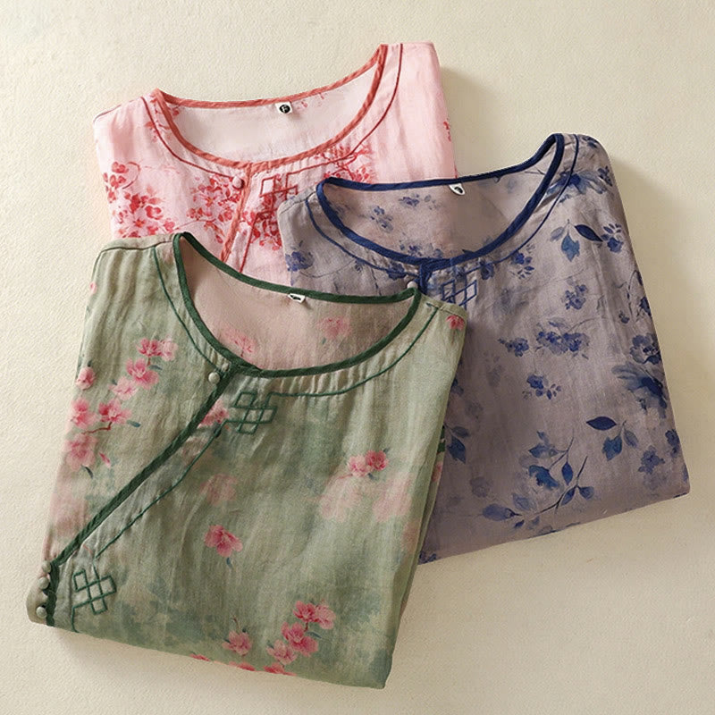 Nimara Ritual Summer Frog Button Floral Crew Neck Women's Elbow-Length Sleeve Shirts