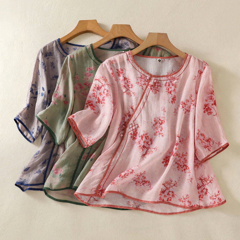 Nimara Ritual Summer Frog Button Floral Crew Neck Women's Elbow-Length Sleeve Shirts