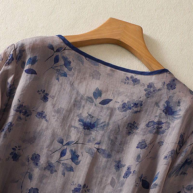 Nimara Ritual Summer Frog Button Floral Crew Neck Women's Elbow-Length Sleeve Shirts