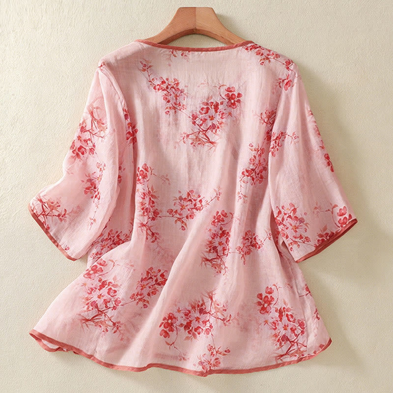 Nimara Ritual Summer Frog Button Floral Crew Neck Women's Elbow-Length Sleeve Shirts