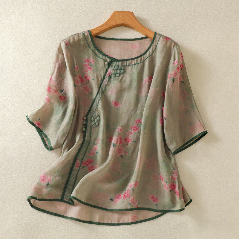 Nimara Ritual Summer Frog Button Floral Crew Neck Women's Elbow-Length Sleeve Shirts