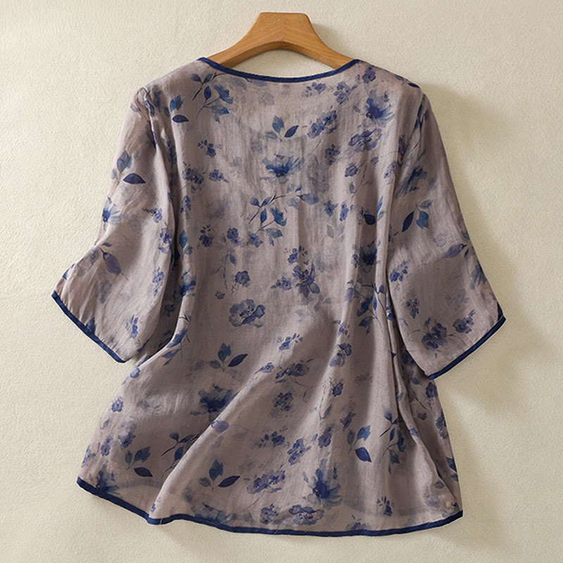 Nimara Ritual Summer Frog Button Floral Crew Neck Women's Elbow-Length Sleeve Shirts