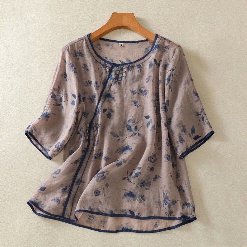 Nimara Ritual Summer Frog Button Floral Crew Neck Women's Elbow-Length Sleeve Shirts