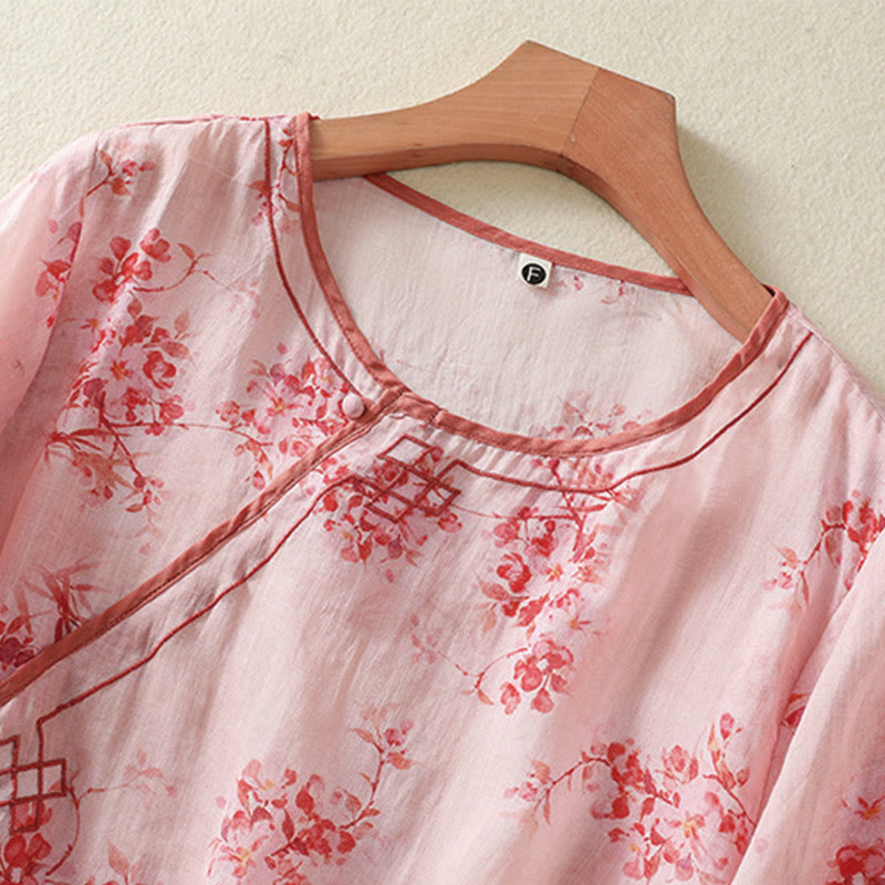 Nimara Ritual Summer Frog Button Floral Crew Neck Women's Elbow-Length Sleeve Shirts