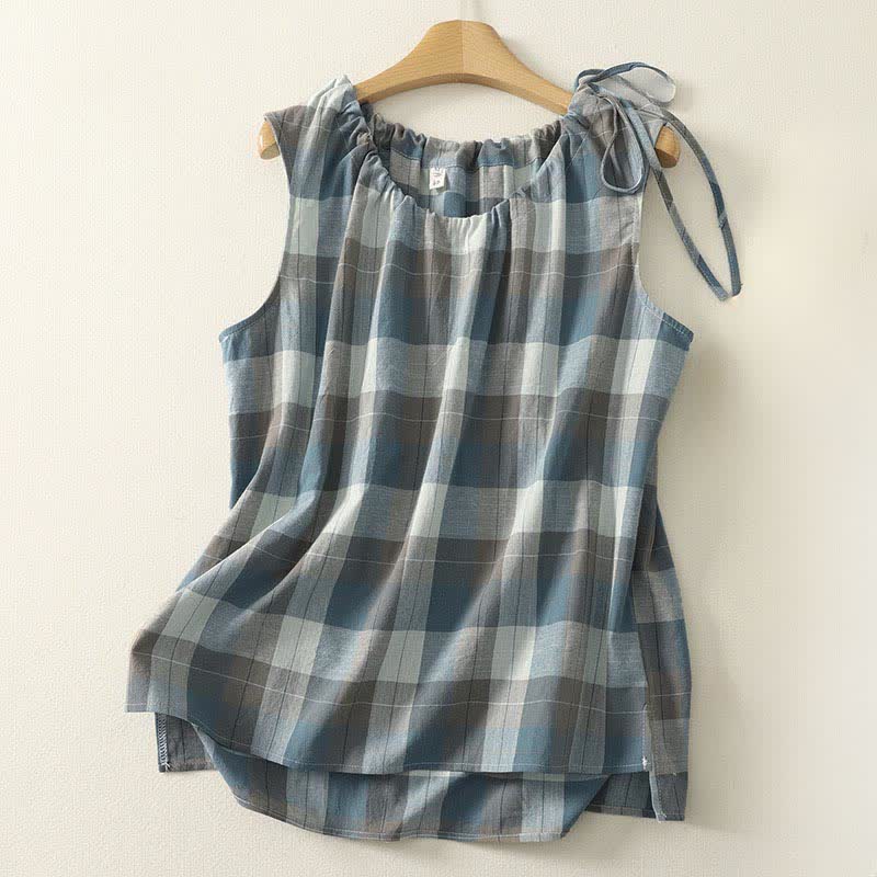 Nimara Ritual Summer Casual Crew Neck Plaid Pattern Women's Sleeveless Shirts Tank Top
