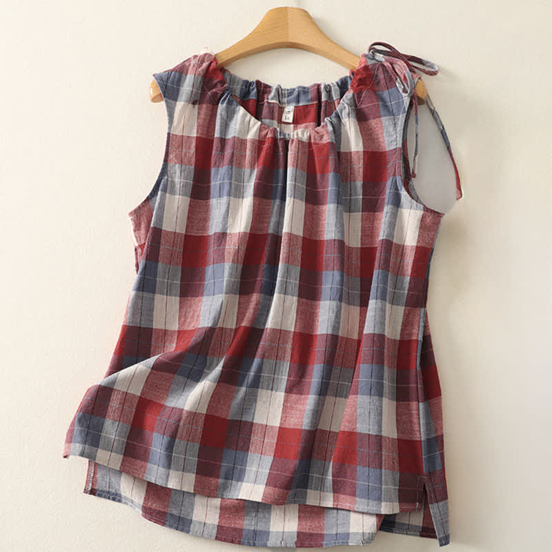 Nimara Ritual Summer Casual Crew Neck Plaid Pattern Women's Sleeveless Shirts Tank Top